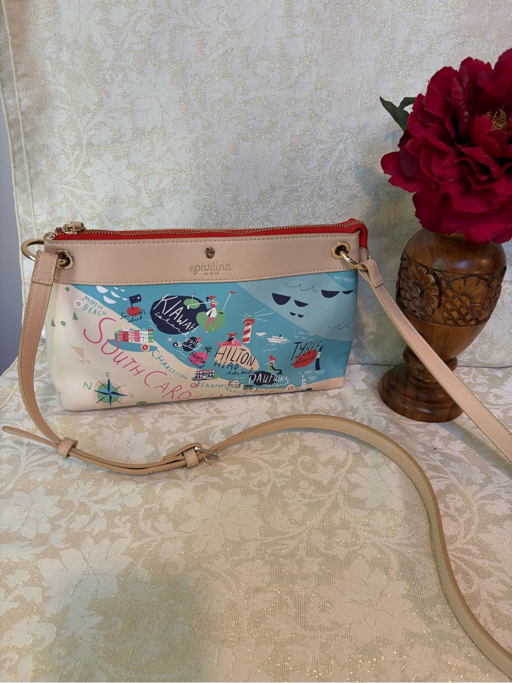 Spartina 449 Sea Islands Map-Print Crossbody with Blush Trim and Red Zipper